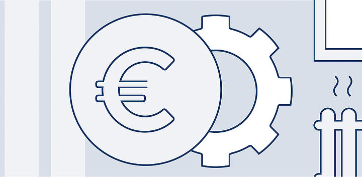 Grafik: Euro-Geldstück mit Zahnrad sowie Heizung und Fenster