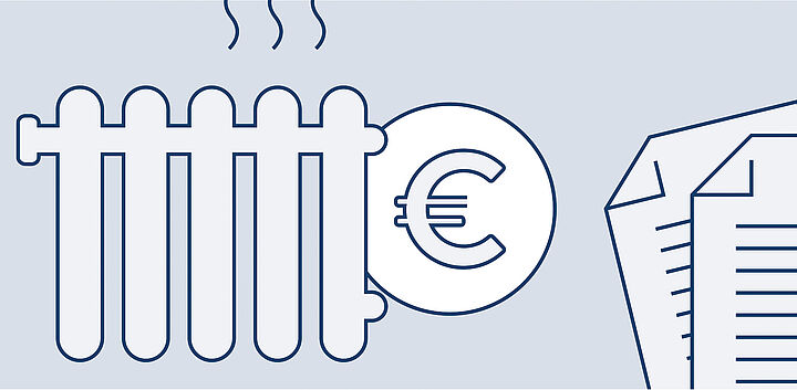 Grafik: Heizung mit Euro-Geldstück und Dokumenten