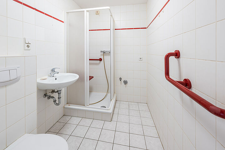 Ansicht Badezimmer mit Haltegriffen, Waschbecken, Dusche